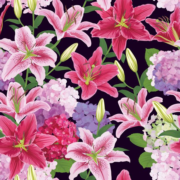 الگوی یکپارچه با گل نیلوفرهای رنگارنگ و آبرنگ در زمینه تیره وکتور مجموعه گل شکوفه برای دعوت عروسی و طراحی کارت پستال