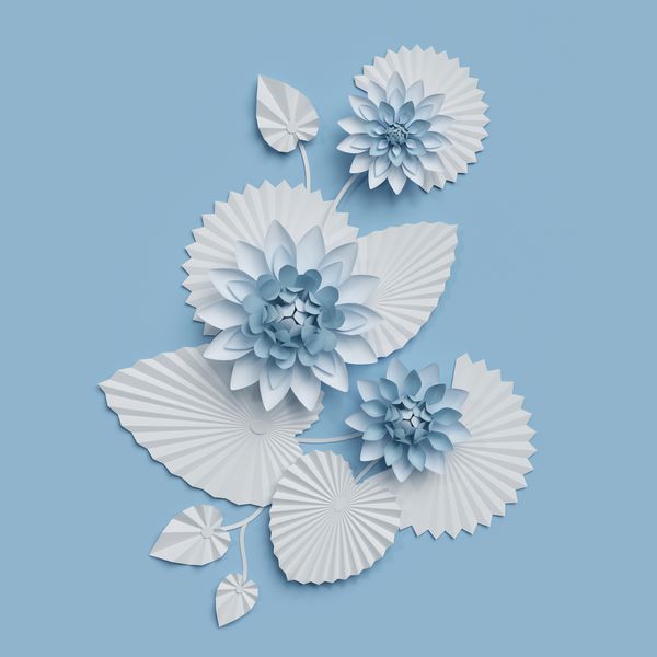 رندرهای سه بعدی گلهای نیلوفر آبی کاغذ دیواری تزئینات دیواری آبی حاشیه نیلوفر آبی برگها عناصر طراحی جدا شده در پس زمینه سفید