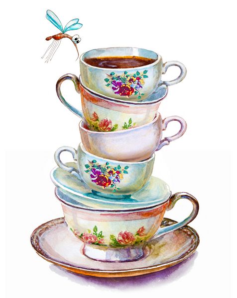 فنجان های رنگارنگ فنجان چای و نعلبکی ها را نزدیک کنید طرح دست ساز کارت پستال برای روز ولنتاین و x27؛ s تصویر آبرنگ
