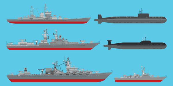 مجموعه وکتور تصاویر کشتی های دریایی کشتی ضد زیردریایی کشتی موشکی و کشتی های هسته ای زیر آب که در پس زمینه آبی جدا شده اند سبک تخت مناسب برای تبلیغات بنرها پوسترها