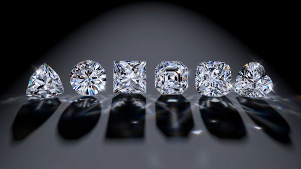 شش الماس از محبوب ترین سبک های برش دور درخشان اهرم شاهزاده خانم قلب کوسن مثلث نمای نزدیک با سایه های نور افکن بر روی زمینه سیاه تصویر رندر سه بعدی
