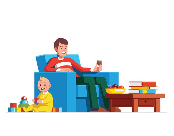 پدر در حال نوشیدن قرمز و به دنبال اسباب بازی های پسر کوچک کودک است مرد بچه نگهدار در صندلی اتاق نشیمن با پسر بچه نو پا نشسته است تصویر برداری تخت جدا شده در پس زمینه سفید