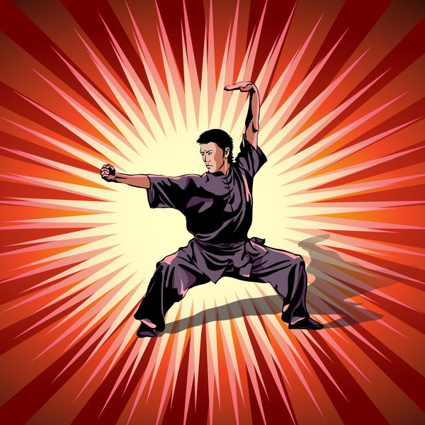 هنر ووشو مردی که هنرهای رزمی ووشو کونگ فو کاراته را تمرین می کند پس زمینه تزئینی قرمز تصویر برداری