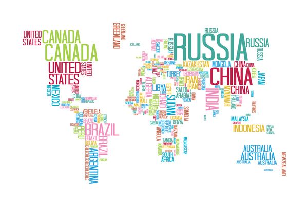 نقشه جهان با نام کشورها متن یا تایپوگرافی با رنگی رنگی جدا از کشور