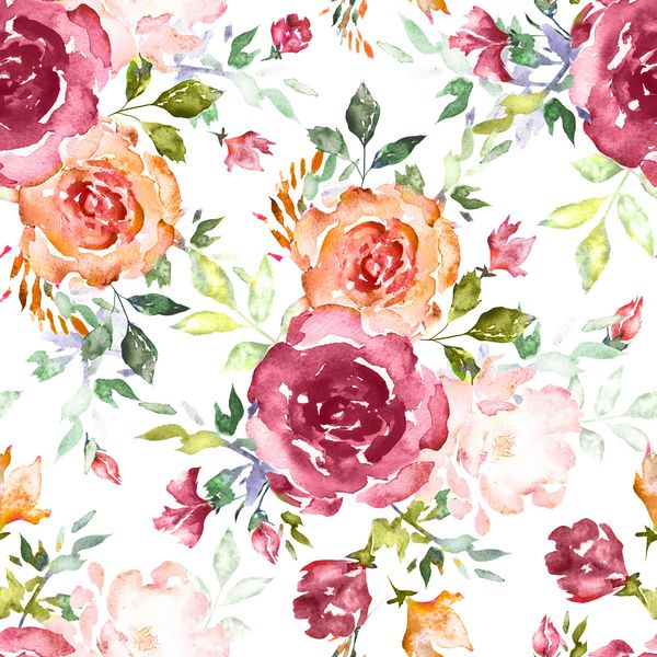 الگوی بدون درز با گل ها و برگ های صورتی بر روی زمینه سفید الگوی گل آبرنگ گل رز به رنگ پاستیل کاشی برای کاغذ دیواری کارت یا پارچه گلهای طراحی انتزاعی