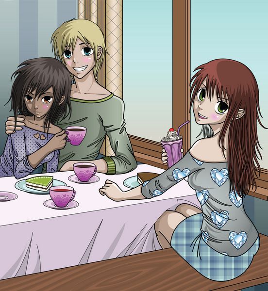 زن و شوهر انیمه ناز و دوست آنها در روز از ولنتاین در کافه لذت می برند