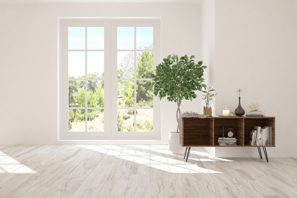 اتاق خالی سفید با چشم انداز تابستانی در پنجره طراحی داخلی اسکاندیناوی تصویر سه بعدی