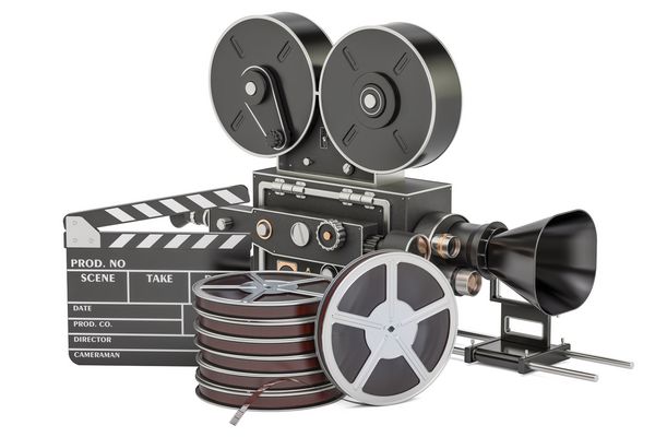 مفهوم سینما Clapperboard با قرقره فیلم و دوربین فیلم رندر سه بعدی جدا شده در پس زمینه سفید