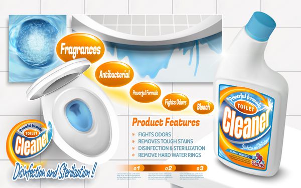 تبلیغات پاک کننده توالت محصول پاک کننده قدرتمند با نمای بالای کاسه توالت با مایعات آبی در تصویر سه بعدی