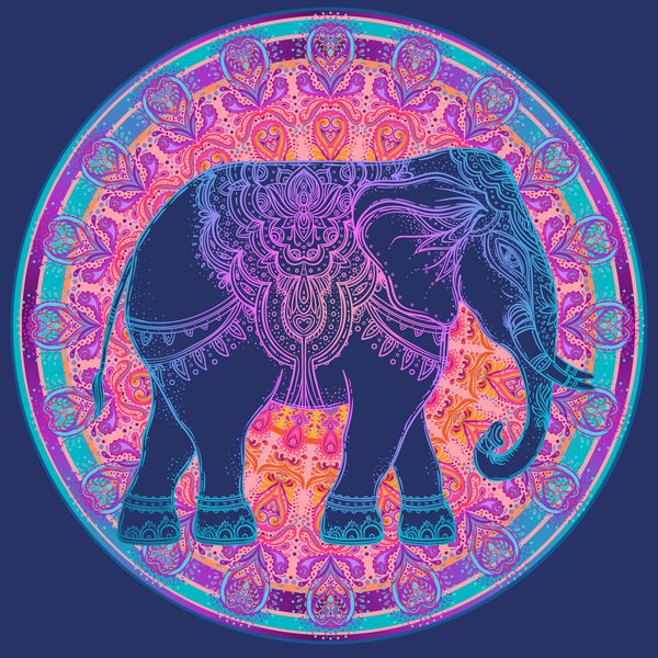 فیل زیبا به سبک قبیله ای دستی با کشیده شده بر فراز ماندالا طراحی رنگارنگ با الگوی boho زیور آلات روانگردان پوستر قومی هنر معنوی یوگا خدای هندی گانشا نماد هندی چاپ تی شرت