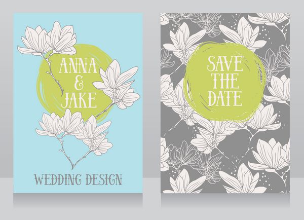 کارتهای عروسی زیبا با گلهای ماگنولیا رنگهای تازه تصویر برداری