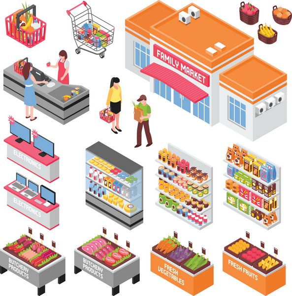 مجموعه ایزومتریک سوپر مارکت با نمادهای مواد غذایی و الکترونیکی تصویر برداری جدا شده