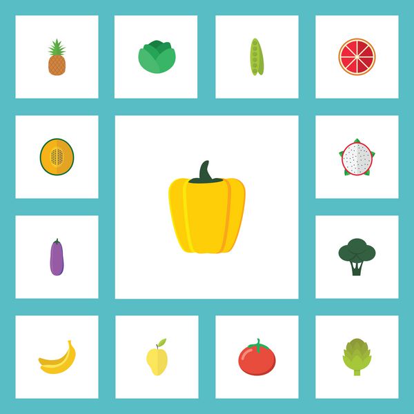آیکن های مسطح پیتایا آناناس موسکمون و سایر عناصر بردار مجموعه نمادهای نمادهای مسطح میوه ای همچنین شامل کلم بروکلی موسکمون اشیاء گرمسیری است