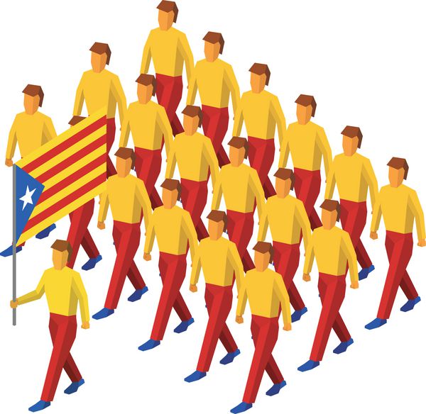 گروهی از مردم ایزومتریک با پرچم کاتالونیا جامعه خودمختار اسپانیا حامل و جمعیت استاندارد سه بعدی جدا شده در پس زمینه سفید میهن پرستان کاتالونیا تصویر برداری ساده