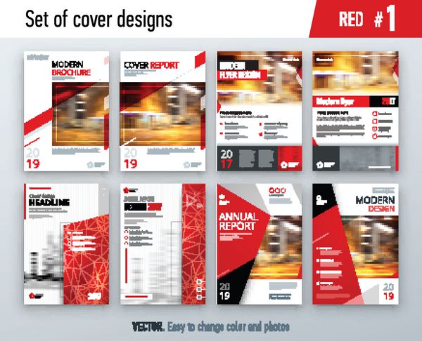 مجموعه الگوی طراحی جلد تجاری به رنگ قرمز برای بروشور گزارش کاتالوگ مجله یا جزوه مفهوم پس زمینه وکتور خلاق