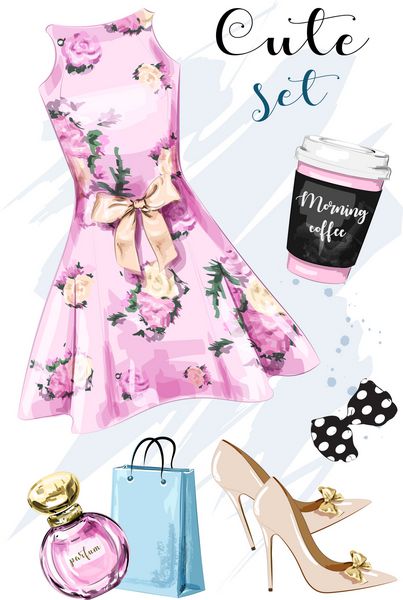 لباس و لوازم جانبی شیک با لباس کفش کیف خرید عطر فنجان قهوه و کمان تنظیم شده است لباس زیبا لباس با چاپ گل طرح