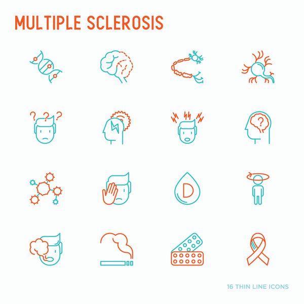 مجموعه ای از علائم و درمان های مختلف آیکون های خط باریک اسکلروز بی نظمی وراثت غلاف میلین نورون ویتامین D تصویر برداری