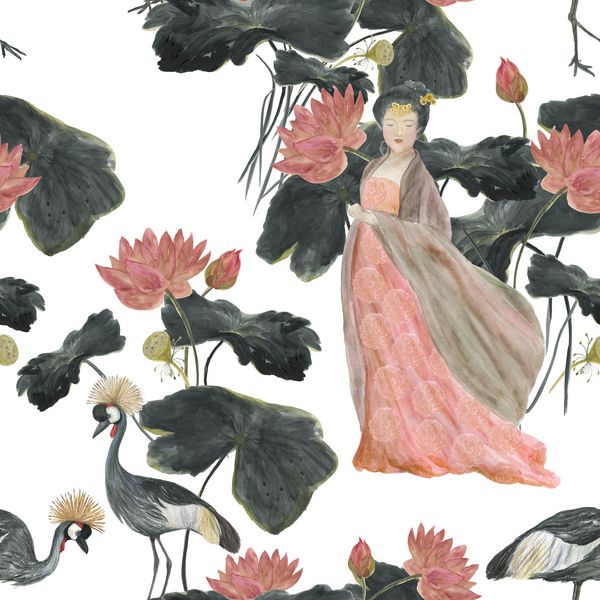 الگوی بدون درز نقاشی چینی با جرثقیل های تاج زده Lotus و Gray و زن زیبایی در کیمونو نقاشی به سبک آسیایی