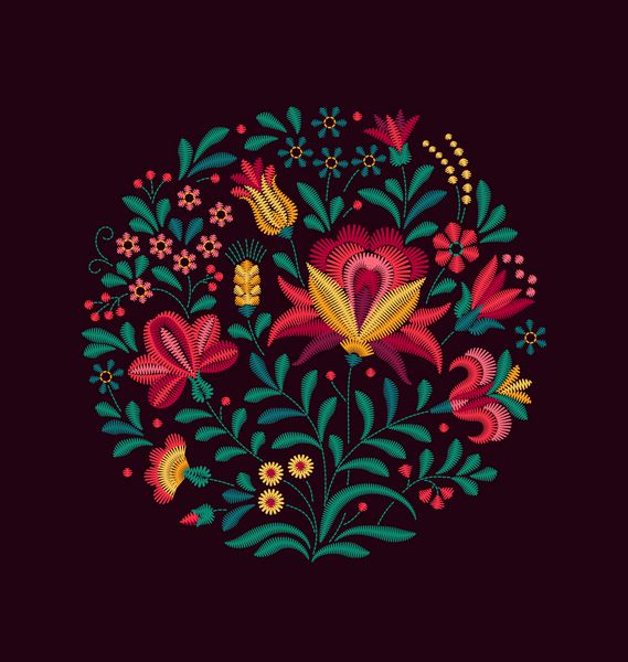 وکتور نقوش شرقی گل تقلید از گلدوزی گل های چند رنگ روی یک پس زمینه سیاه دسته گل تزئینات گل به شکل گل رز و شکل گرد کارت ویترین