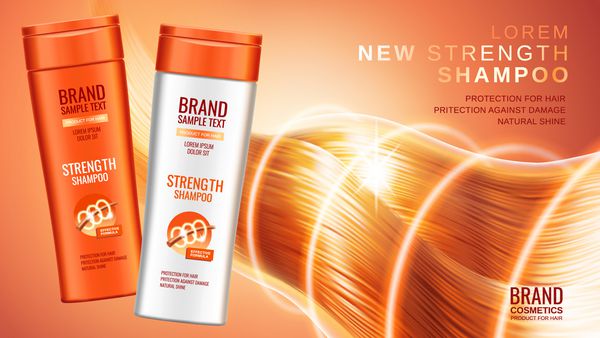 تبلیغات پرمصرف شامپو بطری های آرایشی و بهداشتی واقع بینانه شامپو با طرح های مختلف بسته بندی اثرات محافظت و درخشش و براقیت مو بر روی پس زمینه نارنجی روشن تصویر 3D