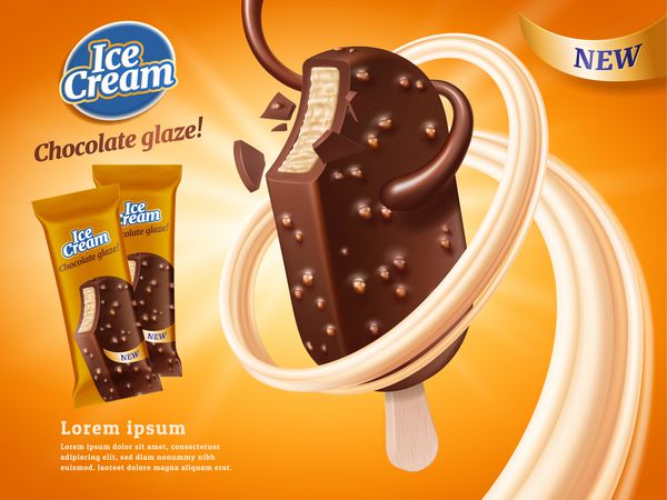 آگهی بستنی وانیلی شکلاتی با شکلات و عناصر شیر و بادام زمینی زمینه نارنجی تصویر سه بعدی