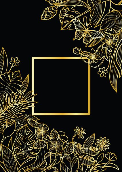 قاب مربع گل و گیاهان گرمسیری ترکیب گل A4 طلایی در زمینه سیاه برای کارتهای تبریک یو پی اس های لوکس