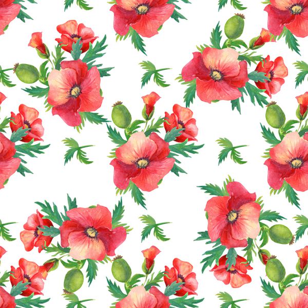 الگوی بدون درز زیبا با کوکنارها روی یک پس زمینه سفید دلپذیری با گلهای قرمز آبرنگ می توان برای پارچه پارچه کاغذ بسته بندی طراحی وب سایت استفاده کرد