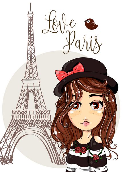 کارتون ناز کارتونی زیبا در نزدیکی برج ایفل در پاریس پرتره نوجوان به سبک عاشقانه عکس تصویر برداری زن جوان