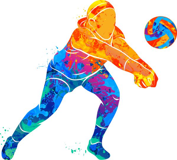 بازیکن والیبال پرش از یک چلپ چلوپ آبرنگ پریدن تصویر برداری رنگ
