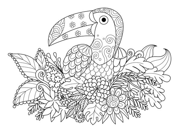 طراحی هنری خط پرنده پرنده توکان توله ای که بر روی گل برای صفحه کتاب رنگ آمیزی بزرگسالان نشسته است