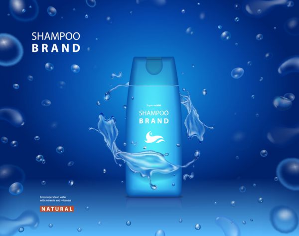 الگوی آبی شامپو طراحی محصولات آرایشی مرطوب کننده تبلیغات با قطره و چلپ چلوپ