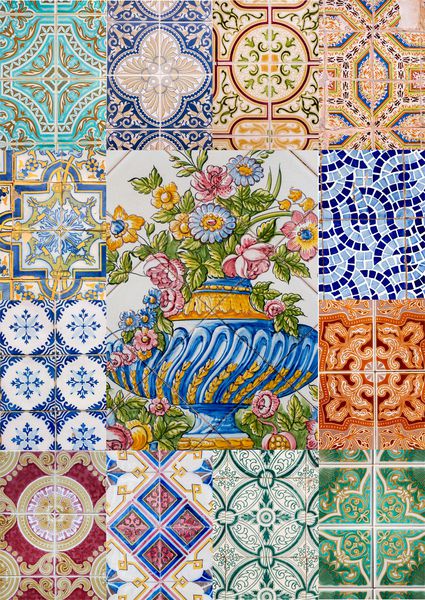 نمایی از کولاژ ترکیبی از کاشی های سنتی azulejo پرتغالی