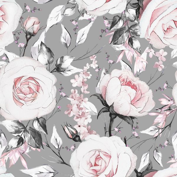 الگوی یکپارچه با گل و برگ صورتی بر روی زمینه خاکستری رنگ روغن روی الگوی گل بوم گل رز کاشی برای کاغذ دیواری یا پارچه