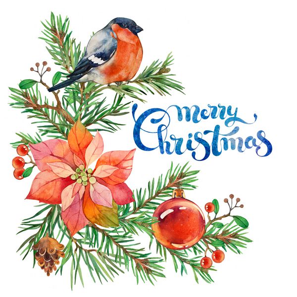 تاج گل کریسمس با پرندگان کارت تبریک تصویر آبرنگ جدا شده در یک پس زمینه سفید