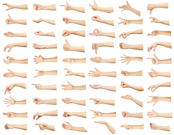 مجموعه تصاویر چندگانه از حرکات دست زن قفقازی که بر روی زمینه سفید جدا شده اند
