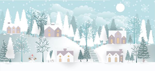 کارت کریسمس منظره با دهکده برفی و جنگل در تپه تصویر برداری