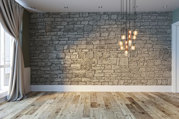 طراحی داخلی مدرن خالی روشن دیوار سنگی و پرده کلاسیک رندر سه بعدی