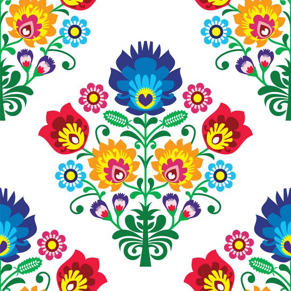 الگوی وکتور هنر عامیانه یکپارچه طرح تکراری سنتی لهستان با گل