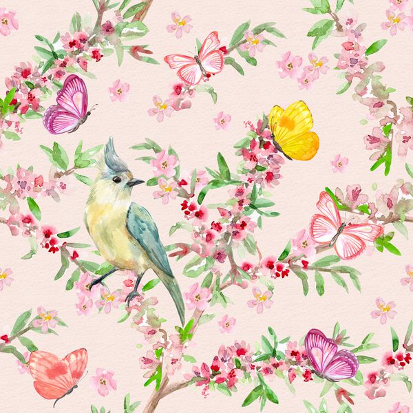 بافت یکپارچه عاشقانه با پرنده در شاخه گل نقاشی آبرنگ
