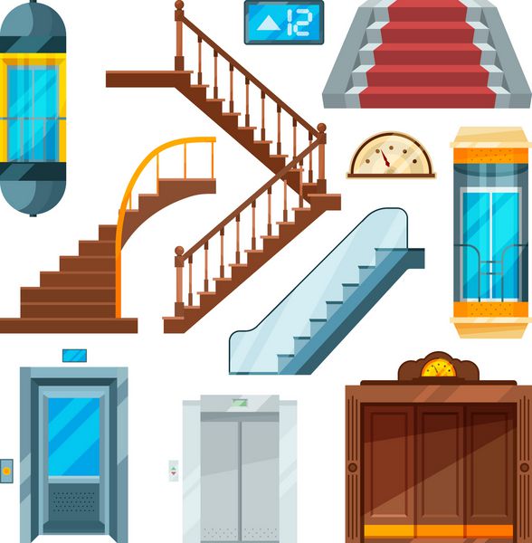 آسانسورها و پله ها در سبک های مختلف مکانیسم ها را به سبک کارتون بلند کنید آسانسور و آسانسور راه پله و پله برقی تصویر برداری