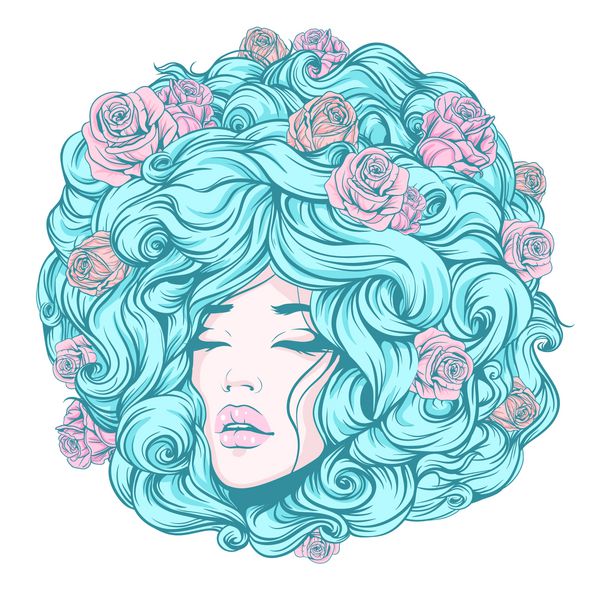 صورت دختر موهای بسته موهای مجعد بلند و موهای تزئینی که با گل تزئین شده اند
