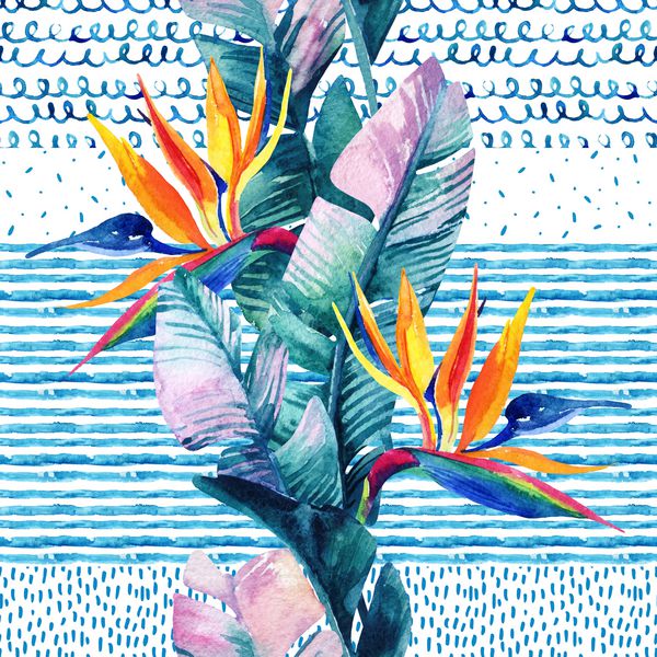 الگوی بدون درز گرمسیری آبرنگ گلهای عجیب و غریب برگهای روی زمینه ابله دریایی به رنگهای آبی ترسیم دستی هنری با سبک حداقل