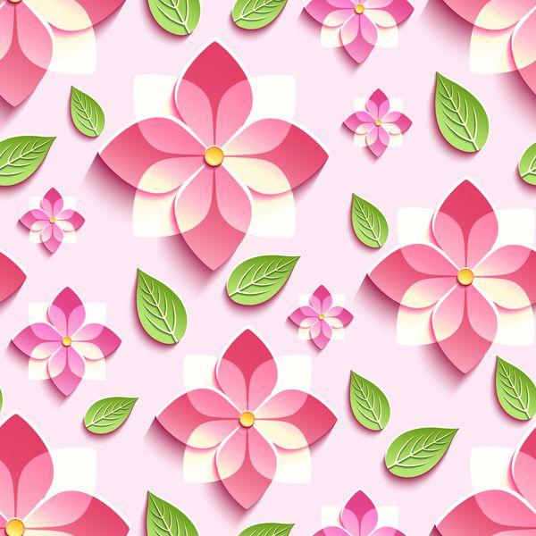 الگوی بدون درز پس زمینه مرسوم مد روز با شکوفه شکوفه ساکارا صورتی صورتی کاغذ برش درخت گیلاس ژاپنی کاغذ دیواری گل مدرن شیک با گل و برگ سبز تصویر برداری