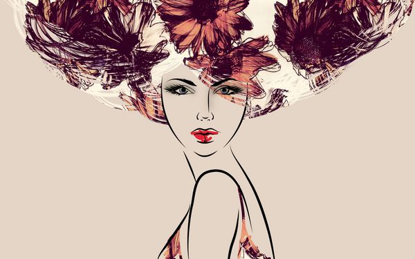 چهره دخترانه زیبا و زیبا به سبک رسانه های ترکیبی با موهای مجعد گل بنفش قرمز و نارنجی در زمینه آبشار