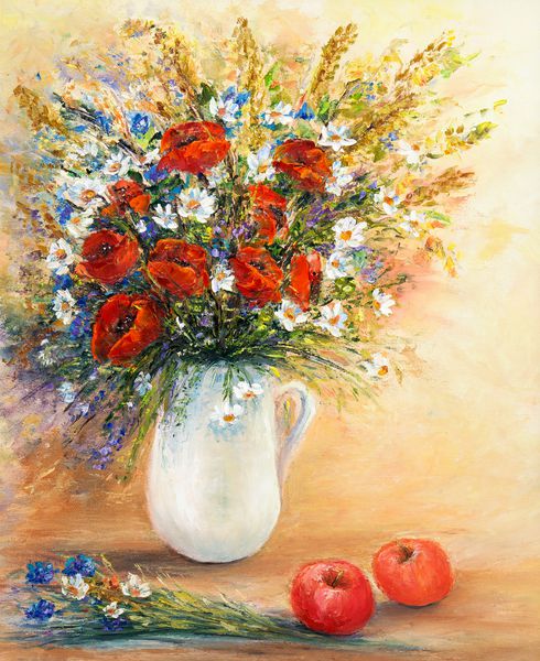 نقاشی روغنی اصلی گلدان زیبا یا گلدان های تازه روی بوم بوم گیاه خشخاش Papaver somniferum Modern Impressionism modernism marinism
