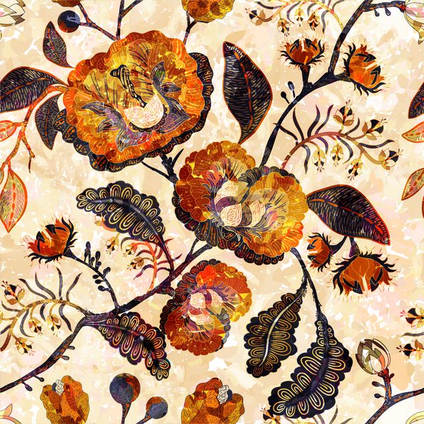 الگوی بدون درز با گل ها و گیاهان تلطیف شده سبک تزئینی تصویر زمینه گل با دست کشیده شده است زمینه گل