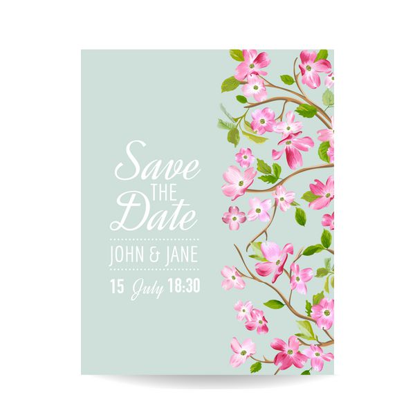 کارت خرما را با گل های گیلاس بهاری برای عروسی دعوت مهمانی RSVP در وکتور ذخیره کنید