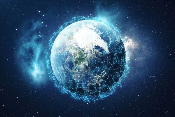 ارائه سه بعدی شبکه جهانی و تبادل داده خطوط اتصال در سراسر کره زمین اتصال بین المللی جهانی عناصر این تصویر که توسط ناسا تهیه شده است