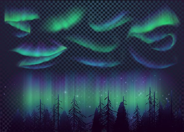 آسمان شب شفق شمالی اثر نورهای شمالی چراغ های قطبی رنگی واقع گرایانه تصویر برداری طراحی فضای انتزاعی برای aurora borealis جدا شده در پس زمینه شفاف