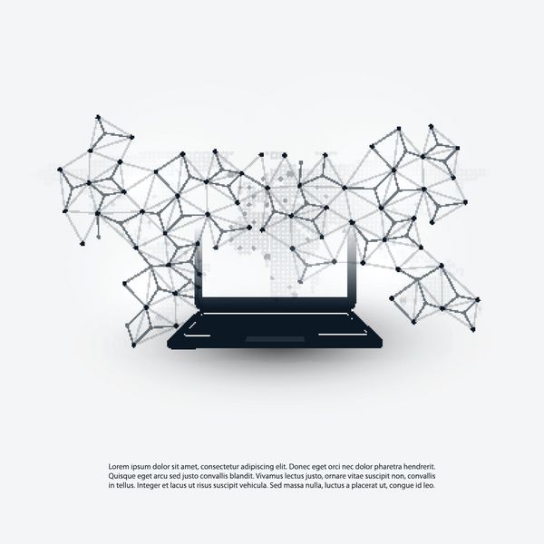 طراحی مفهوم Cloud Computing و اتصالات شبکه جهانی با رایانه لپ تاپ دستگاه همراه بی سیم تصویر سازی در قالب وکتور قابل ویرایش
